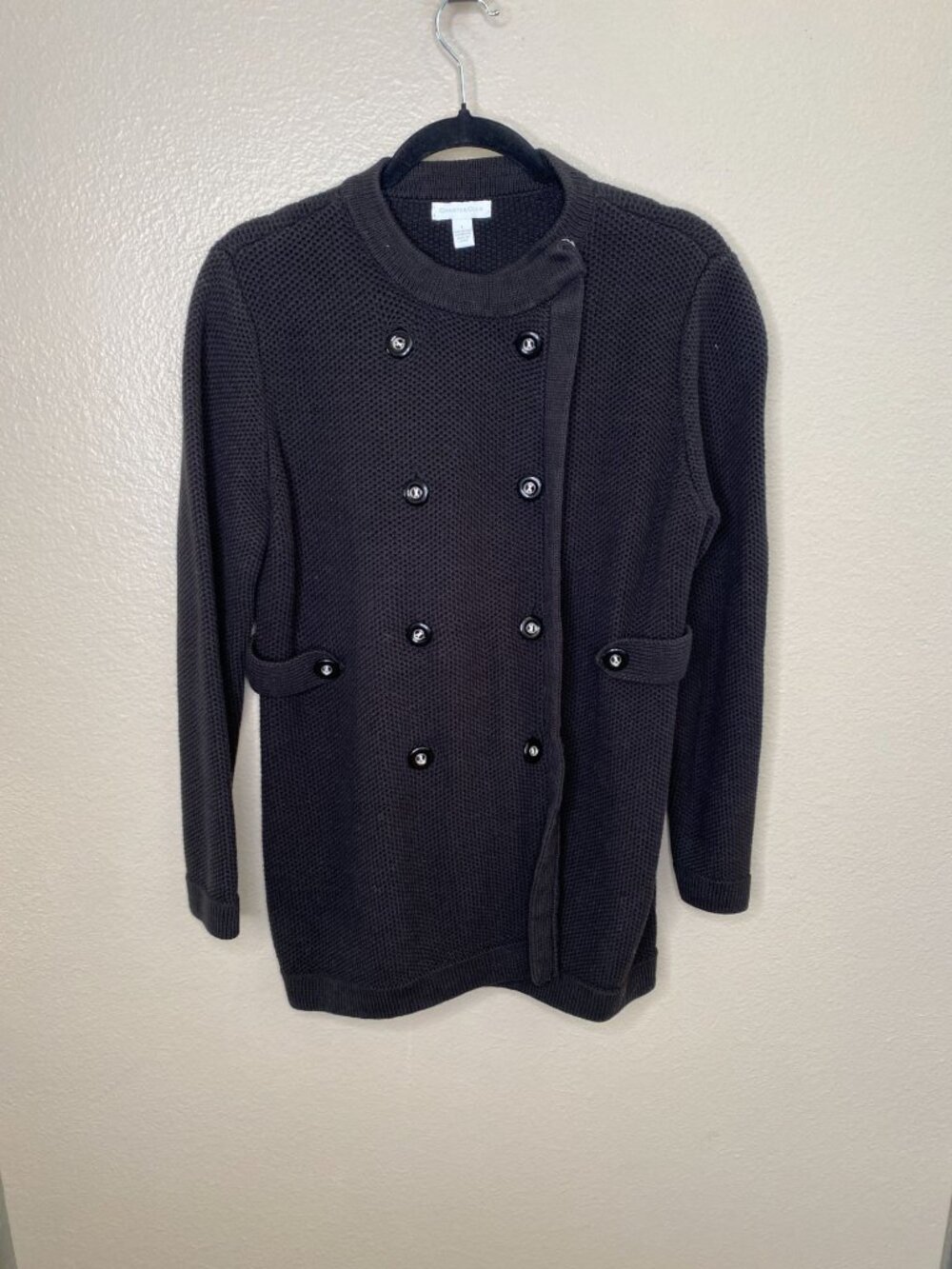 Charter Club Womens Black Double-Breasted Sweater Jacket Button Large Cotton